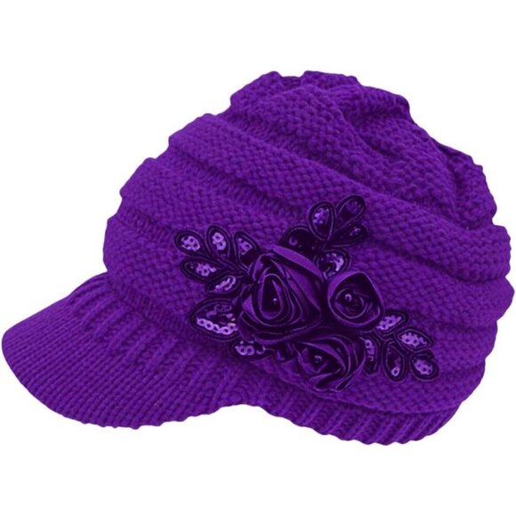 Women\'s Beautiful Style Crochet Purple Flower Brim Knit Winter Warm Hat Cap